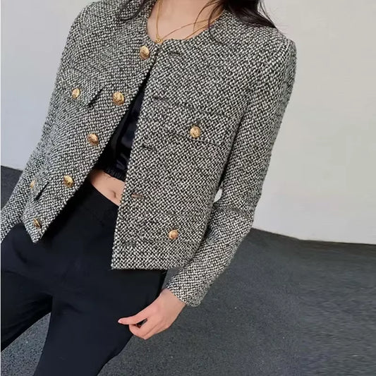 Korean Tweed Woolen Coat  Retro Single-Breasted Suit Jacket