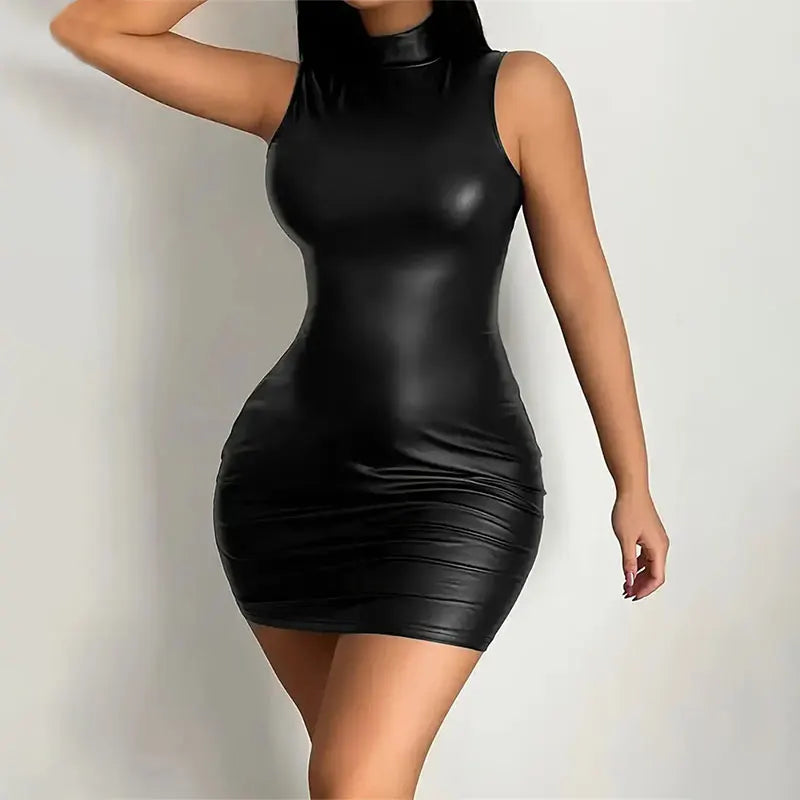  Strapless Bodycon Pu Leather  Mini Short Dress Black