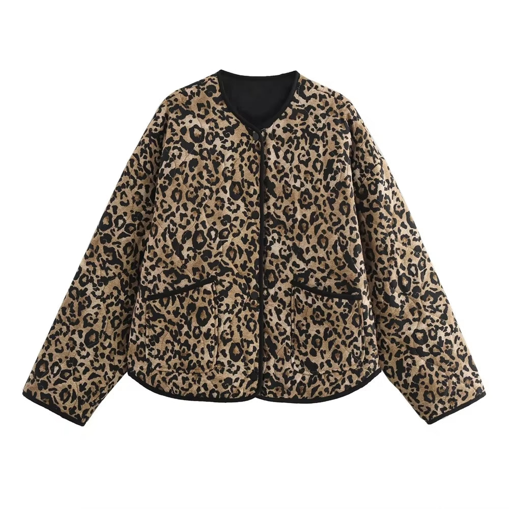 Trendy Women's Animal Print Cotton Jacket – Round Neck, Long Sleeve, Single-Breasted Fall Coat