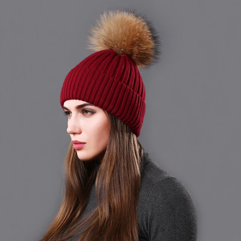 Women Beanies Raccoon Fur Pompom in Burgundy