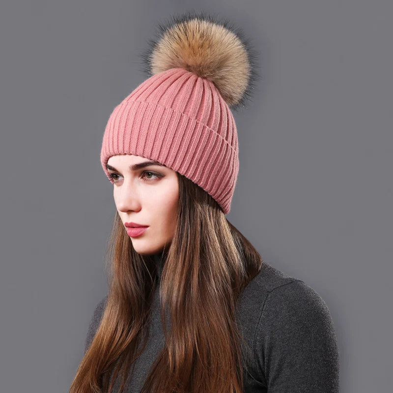 Women Beanies Raccoon Fur Pompom in Burgundy