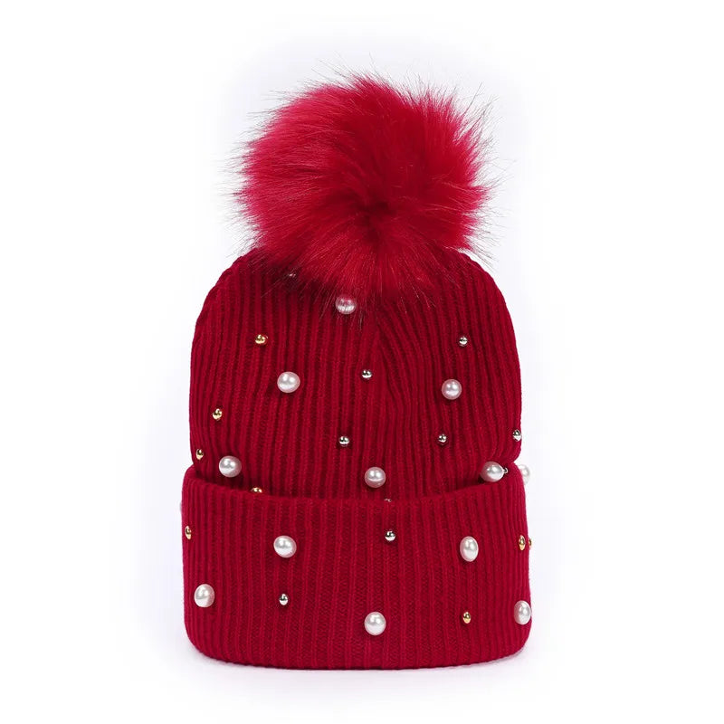 Rhinestone Beading Knitted Beanie Hat with Pompom  Black 