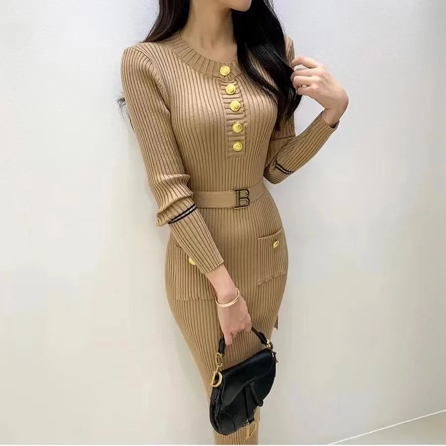 Women's Knitted Bodycon Sweater Dress with Belt