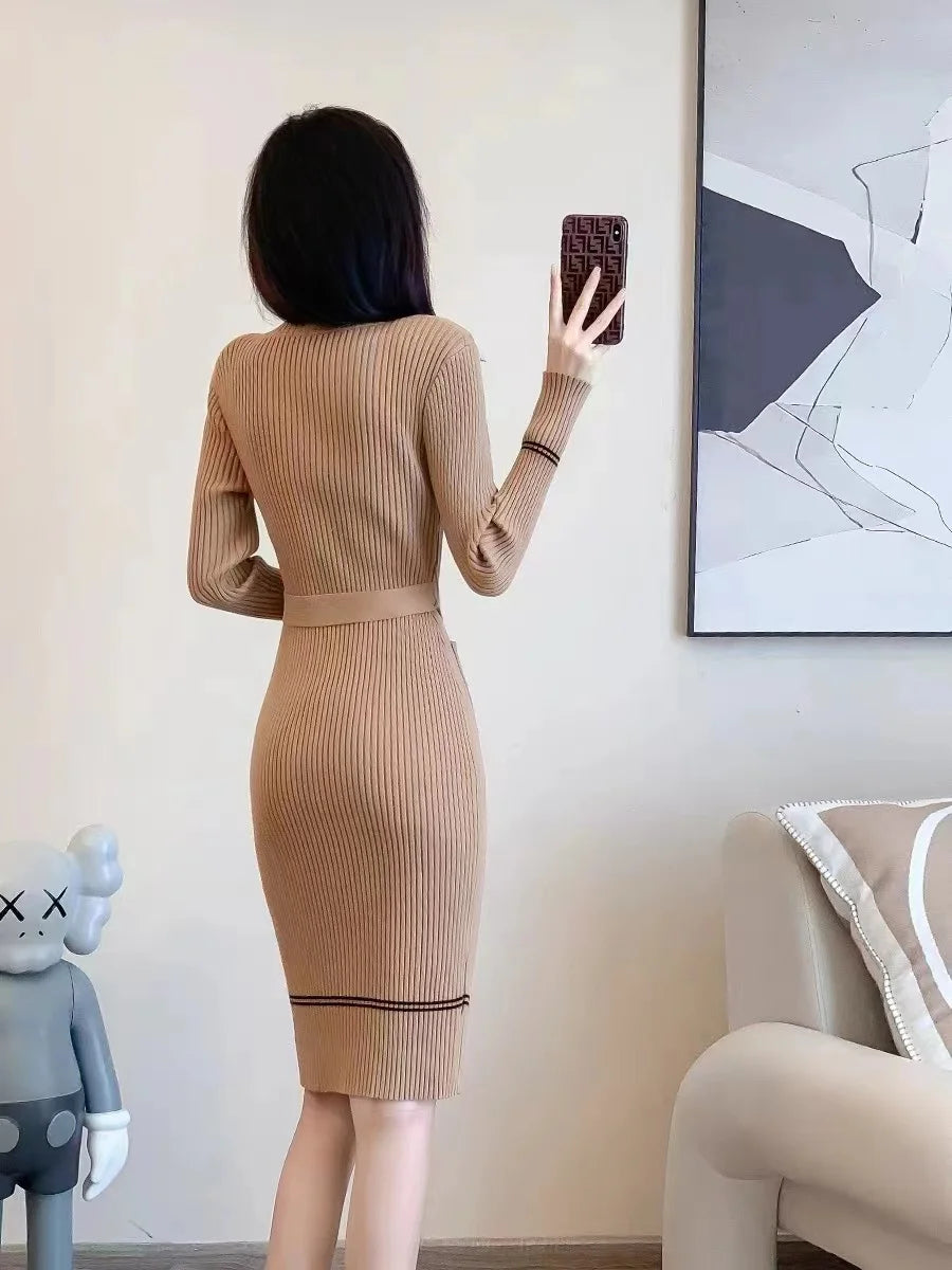 Women's Knitted Bodycon Sweater Dress with Belt