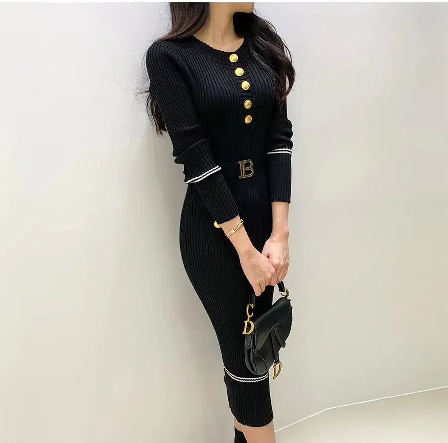 Women's Knitted Bodycon Sweater Dress with Belt