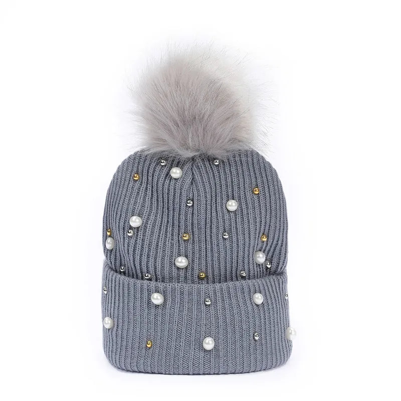 Rhinestone Beading Knitted Beanie Hat with Pompom  Black 