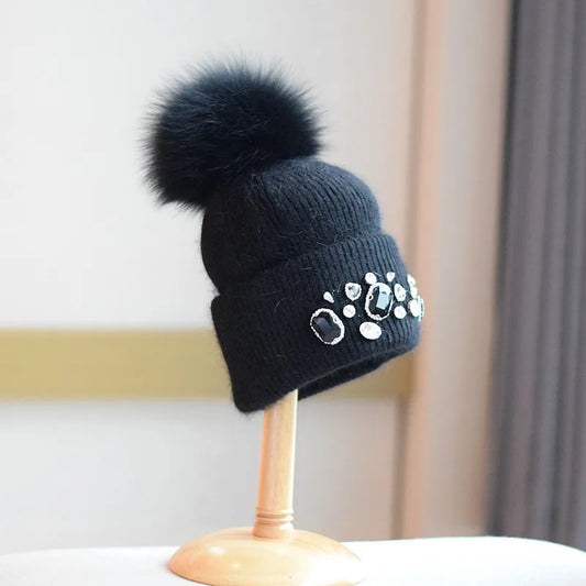 Women  Alloy Diamond Fur Knitted Beanies Hat Black