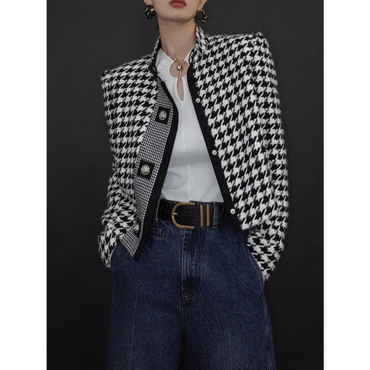 Women's Houndstooth Outerwear & Jackets | Stand Collar Long Sleeve Coats - Fall/Winter 2024