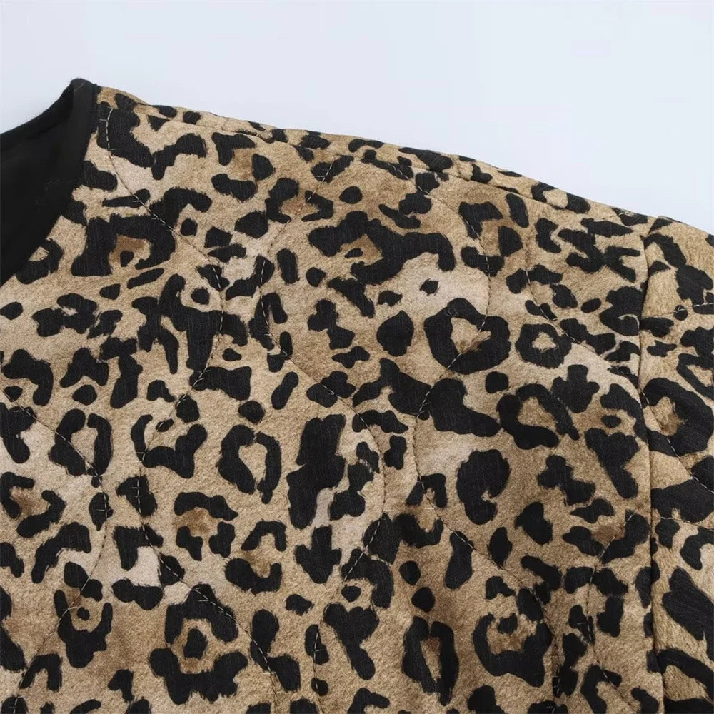 Trendy Women's Animal Print Cotton Jacket – Round Neck, Long Sleeve, Single-Breasted Fall Coat