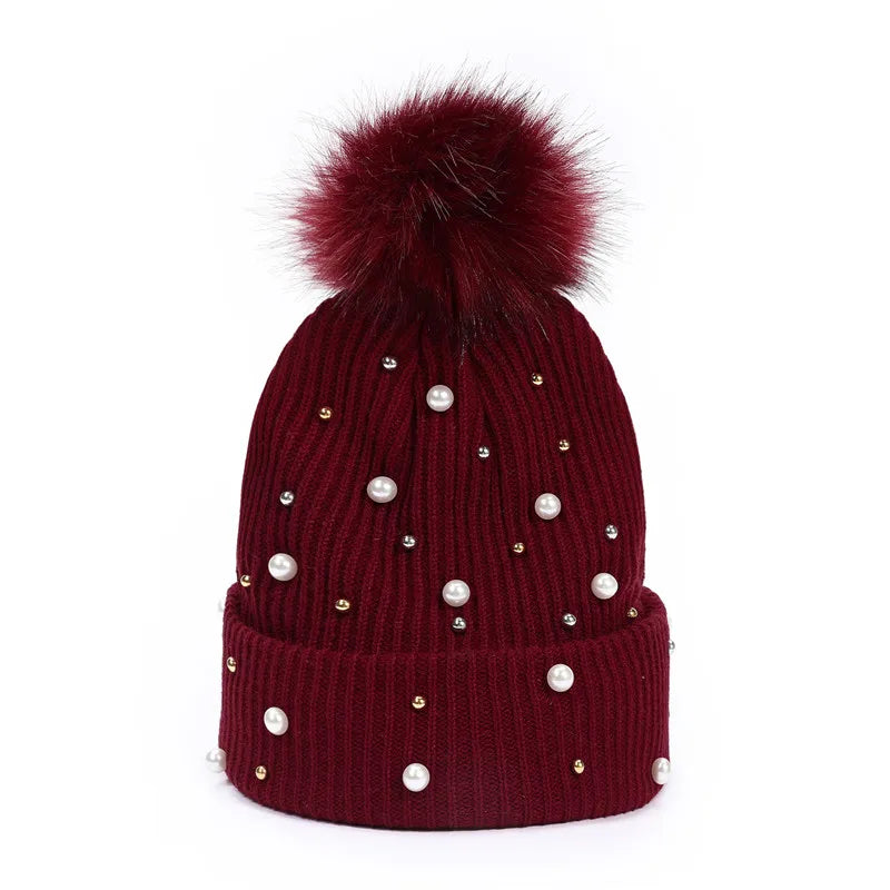 Rhinestone Beading Knitted Beanie Hat with Pompom  Black 