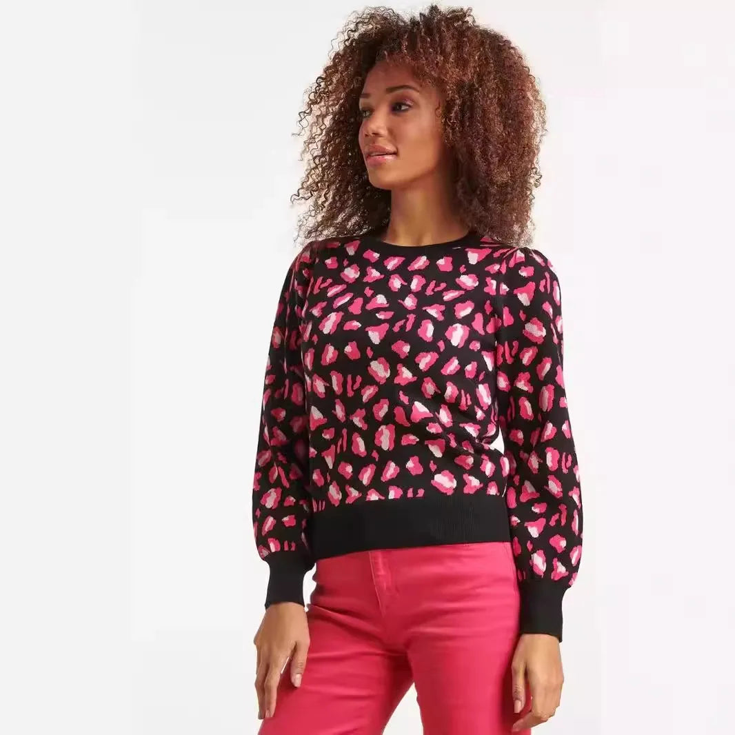 Trendy Leopard Jacquard Sweater – Stylish Round Neck Knitted Pullover for Autumn & Winter in European, American, and Russian Styles