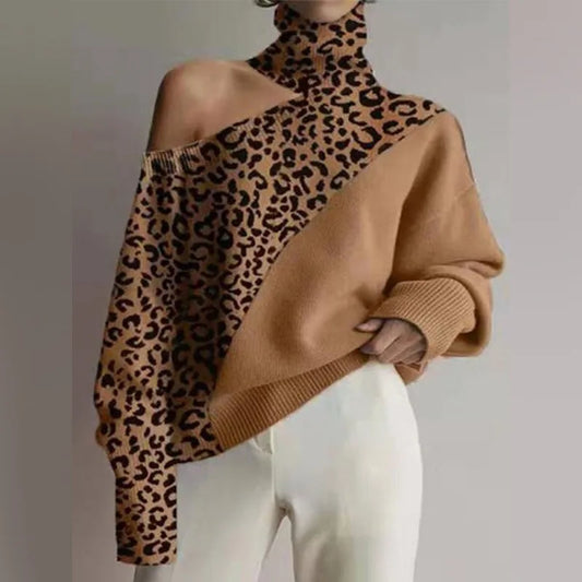 2024 Plus Size Leopard Print Knit Pullover – Women's High Neck Long Sleeve Sweater for Autumn & Winter