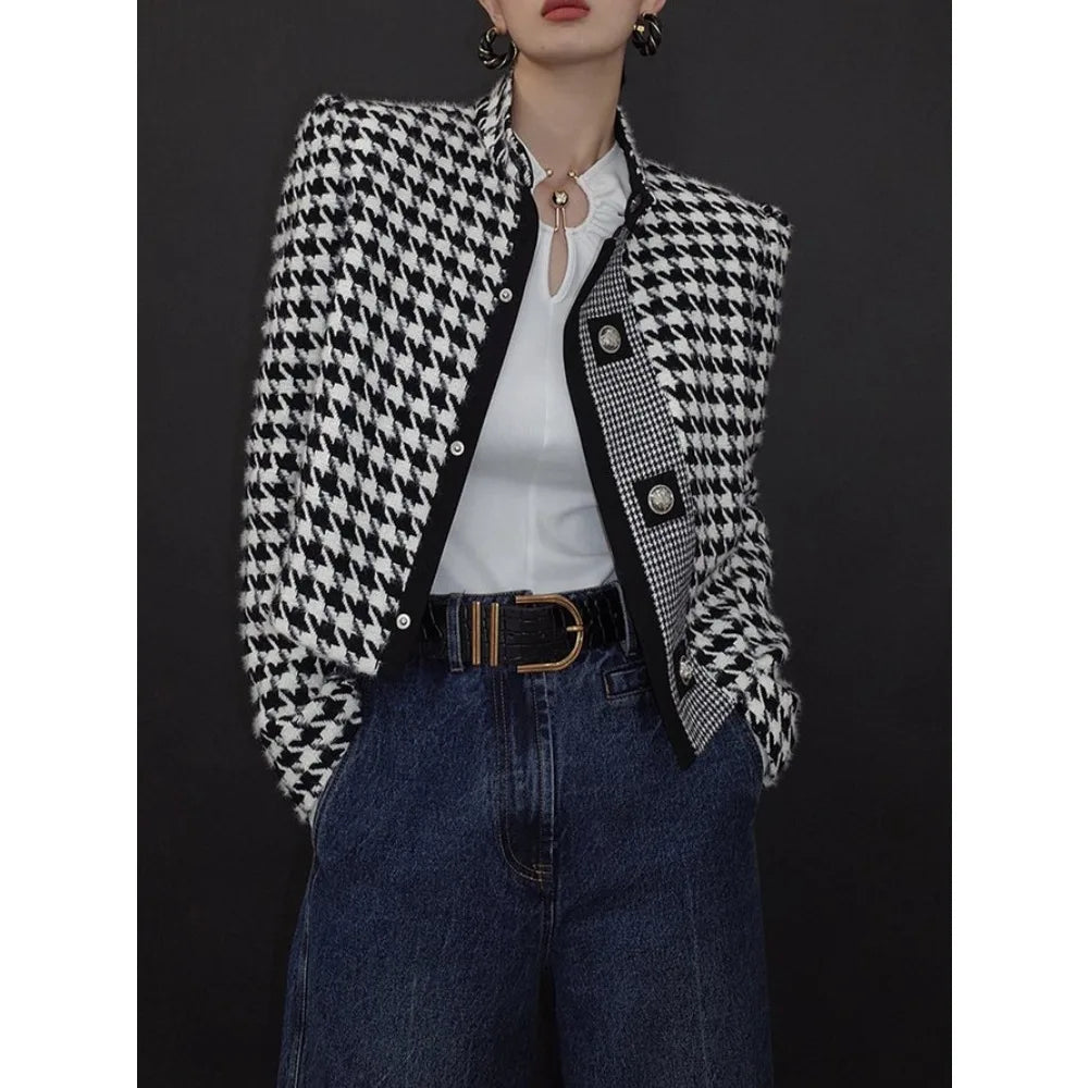 Women's Houndstooth Outerwear & Jackets | Stand Collar Long Sleeve Coats - Fall/Winter 2024