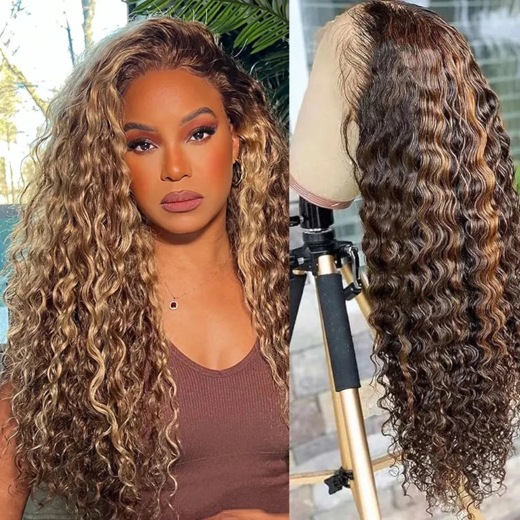 High-Quality 30 Inch Ombre Highlight Water Curly 13x6 HD Lace Frontal Wig | 100% Human Hair Deep Wave 13x4 Transparent Wig