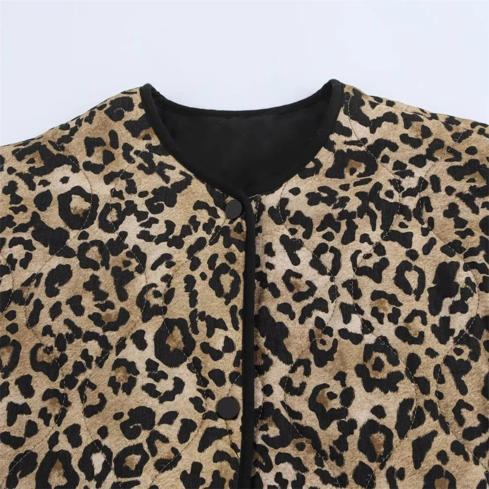 Trendy Women's Animal Print Cotton Jacket – Round Neck, Long Sleeve, Single-Breasted Fall Coat