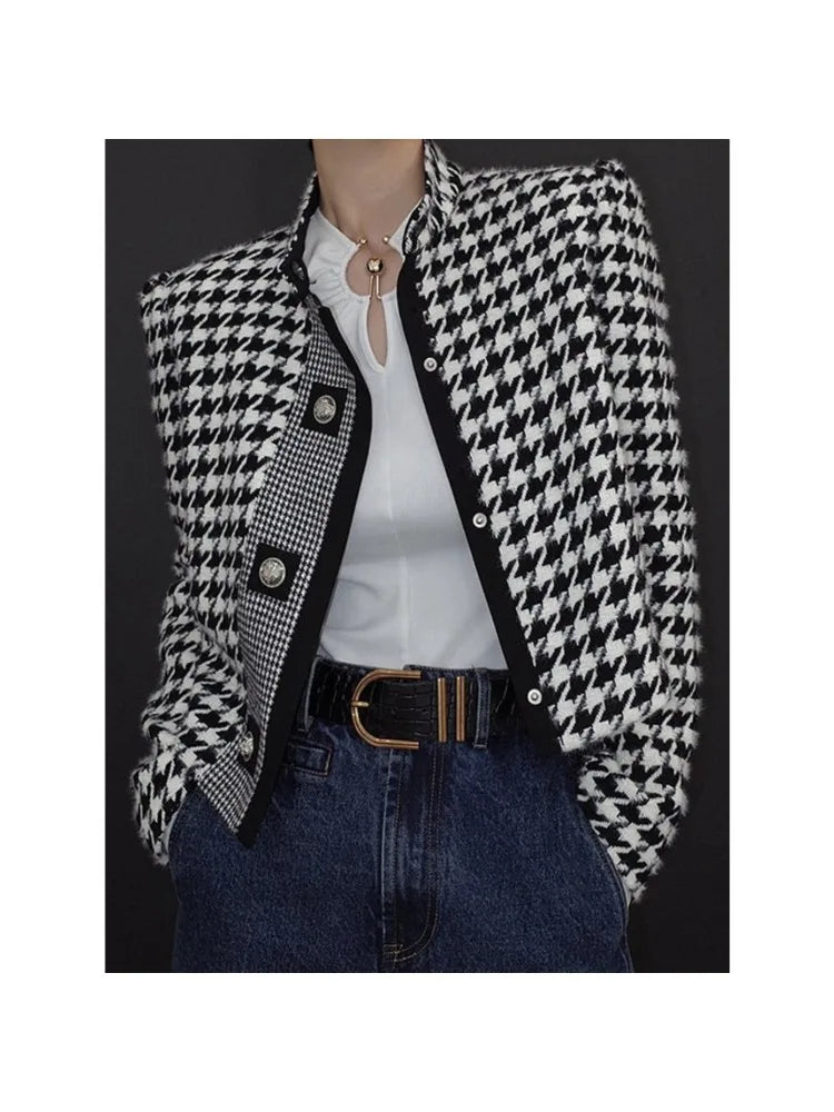 Women's Houndstooth Outerwear & Jackets | Stand Collar Long Sleeve Coats - Fall/Winter 2024