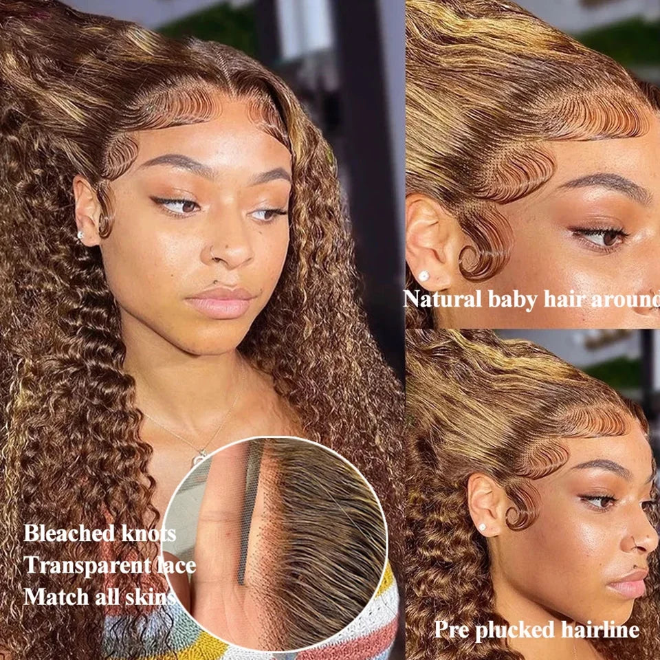 High-Quality 30 Inch Ombre Highlight Water Curly 13x6 HD Lace Frontal Wig | 100% Human Hair Deep Wave 13x4 Transparent Wig