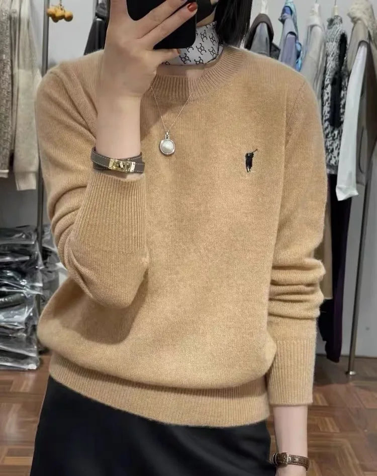  Womens Cashmere Embroidered Pullover Camel 