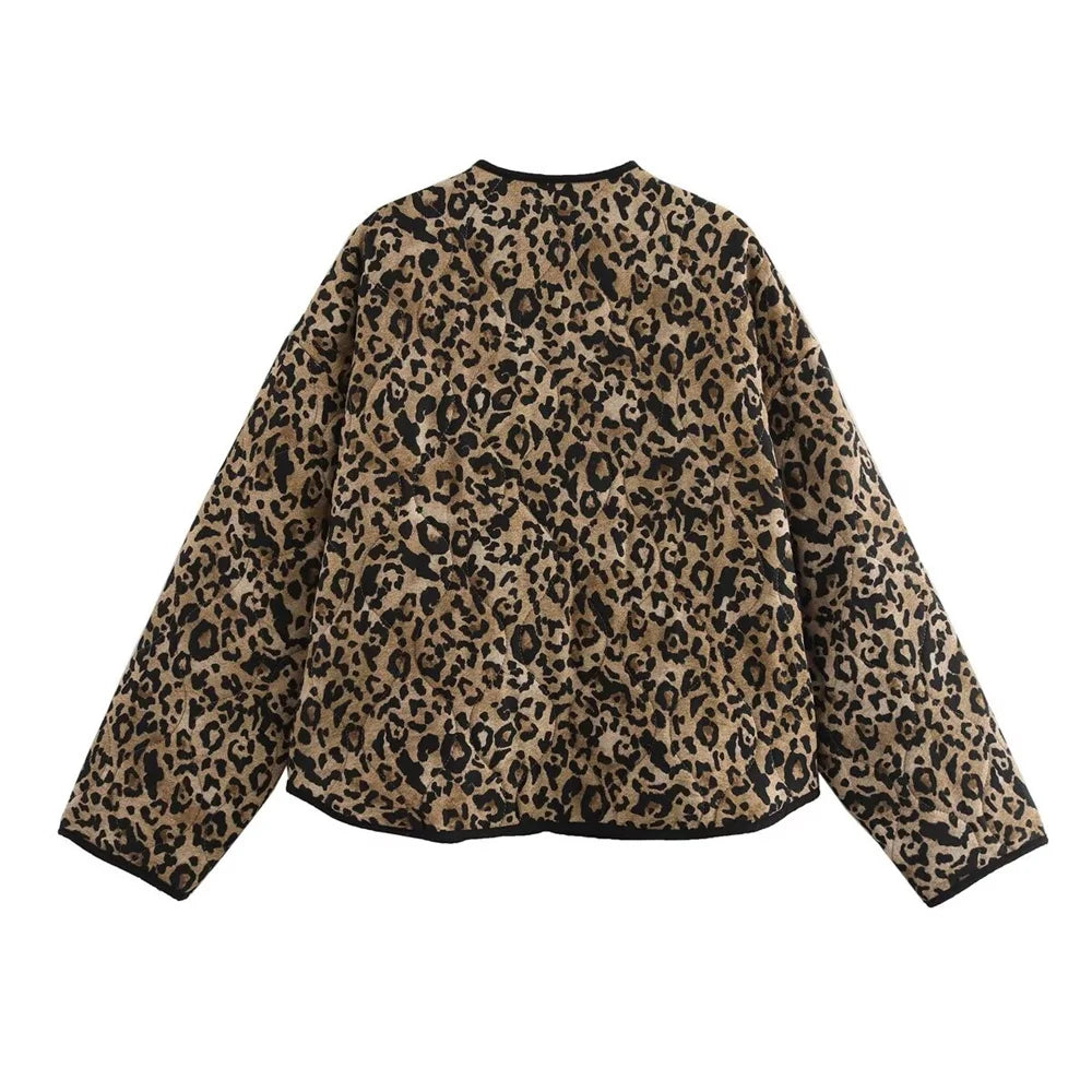 Trendy Women's Animal Print Cotton Jacket – Round Neck, Long Sleeve, Single-Breasted Fall Coat