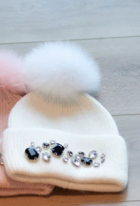 Women  Alloy Diamond Fur Knitted Beanies Hat Black