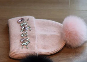 Women  Alloy Diamond Fur Knitted Beanies Hat Black