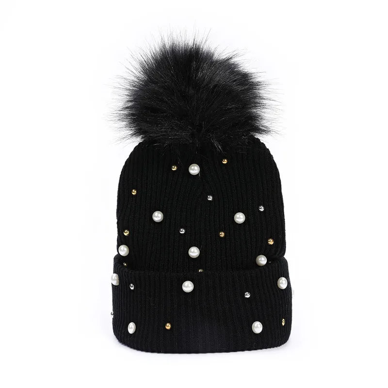 Rhinestone Beading Knitted Beanie Hat with Pompom  Black 