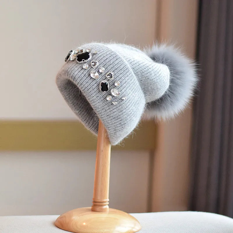 Women  Alloy Diamond Fur Knitted Beanies Hat Black