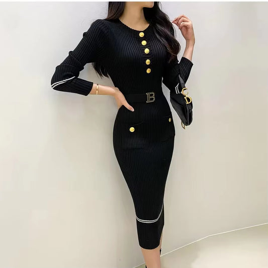 Women's Knitted Bodycon Sweater Dress with Belt